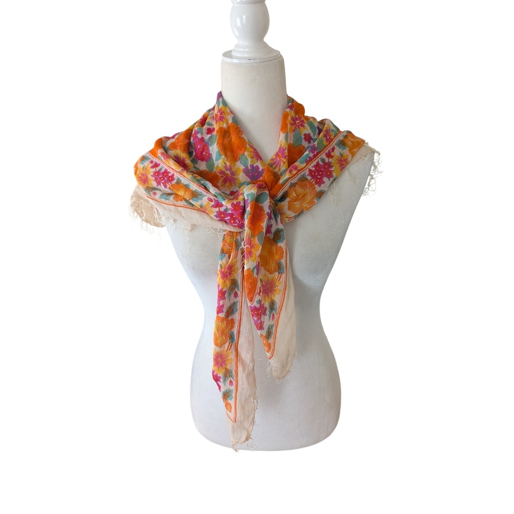 Vintage Floral 40" Square Scarf Orange Pink Purple Retro 70s Style Fringed Edge